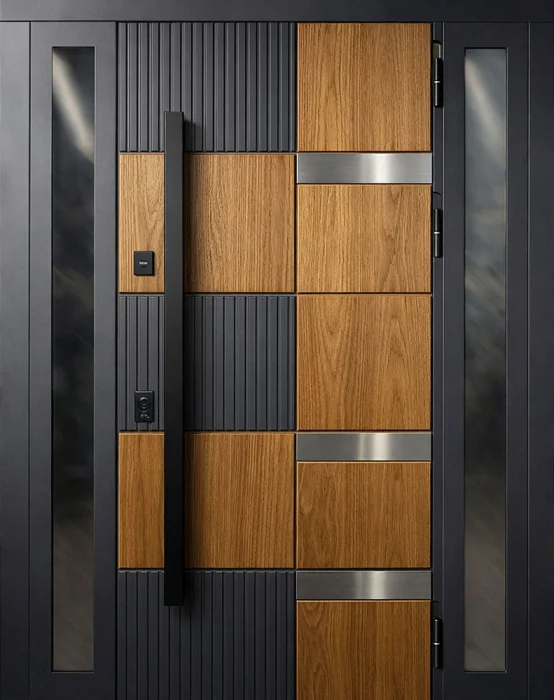 Стальная дверь с деревянными вставками и остеклением для частного дома №49