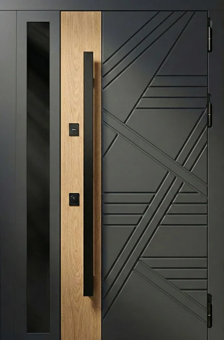 Стальная дверь графитовая с диагональной фрезеровкой с остеклением и деревом №101