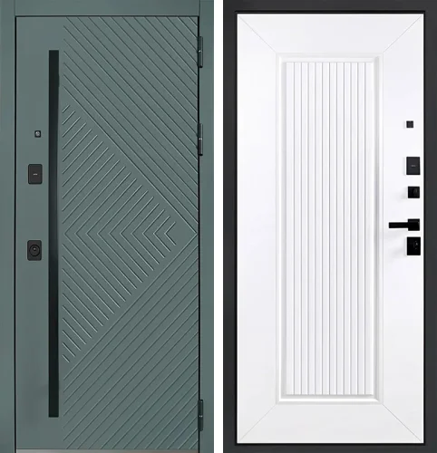  Дверь входная для дома зеленого цвета с бугельной ручкой №7