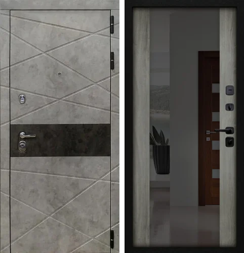 Дверь входная с зеркалом внутри светлый бетон №24