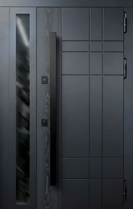 Металлическая дверь графит с геометрической раскладкой и стеклянной вставкой сбоку №57
