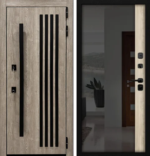 Зеркальная входная дверь с длинной вертикальной ручкой №31