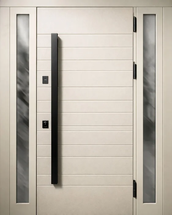 Стальная дверь песочная с горизонтальными линиями и стеклянными боковинами №56