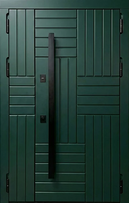 Железная двустворчатая дверь зелёная с реечной фрезеровкой №88