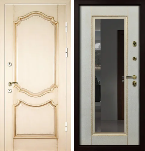 Белая входная дверь с патиной и зеркалом №7